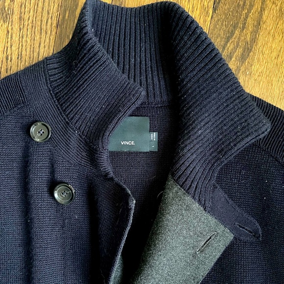 Vince Double Breasted Navy Blue Sweater Jacket with Grey Stripes - Picture 2 of 11